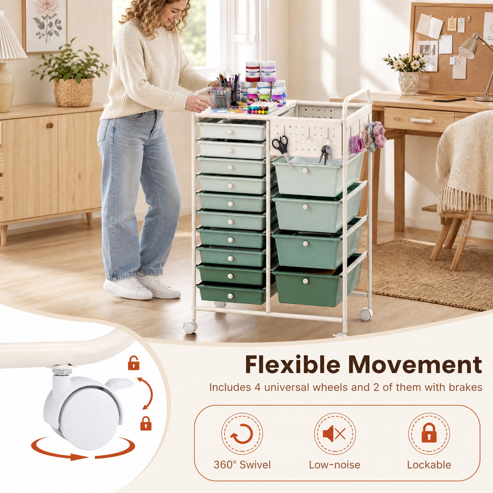 Furnibear 14 Drawer Rolling Storage Cart with Metal Tabletop Pegboard and Locking Wheels for Kitchen Office and Classroom Organizing, Gradient Green