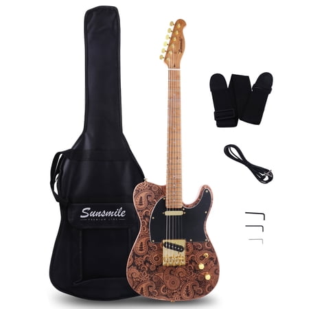 Sunsmile Full Size Electric Guitar with Engraved Surface Mahogany Body Roast Maple Neck and Fingerboard Bolt-on Construction Gold Hardware with Gig Bag Cable and Strap