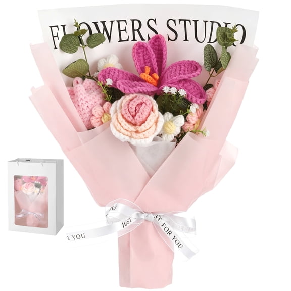 Handmade Knitted Flowers Bouquet with Gift Bag, Delicate Cotton Crocheted Artificial Floral Arrangement, 13.8 x 13.8 in Everlasting Bouquet for Valentine's Day, Anniversaries, Mother's Day