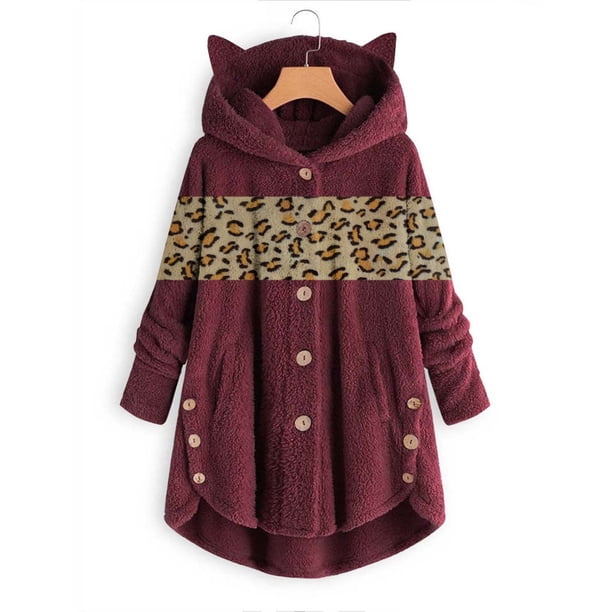 Puntoco Mujer Botón Felpa Tops Con Capucha Cárdigan Suelto Leopardo Patchwork Abrigo Chaqueta Liquidación Puntoco Puntoco-4285