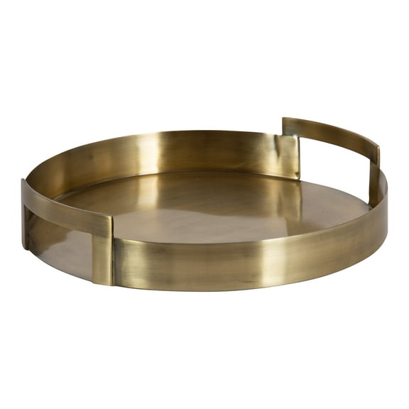 Kate and Laurel Myo Transitional Metal Round Tray, 15 x 15, Brass, Modern Glam Circular Decorative Serving Tray with Handles for Storage, Display, and Decor