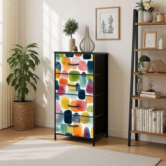 4 Drawer Vertical Storage Dresser Boho Rainbow Cute Colorful Dots Irregular Blobs Arched Patterns Dot with Wood Top Fabric Pull Drawers