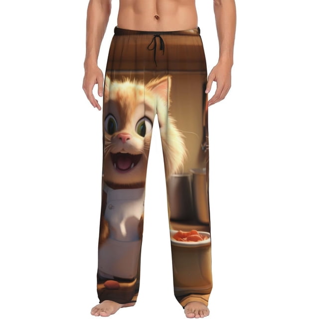 Kdxio Cartoon Cooking Cat Print Mens Pajama Pants Set Sleep & Lounge Pants, PJ Bottoms with Pockets and Button Fly-Medium