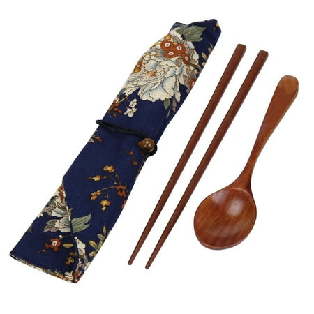 

Prolriy Tableware Portable Wooden Chopsticks Spoon Tableware Set Vintage + Blue Bag