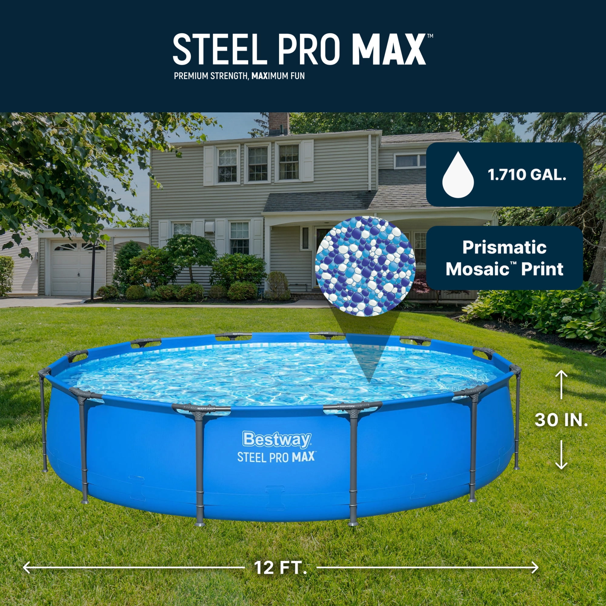 Bestway Steel Pro MAX 12’ x 30" Metal Frame Above Ground Pool, Blue, POOL ONLY