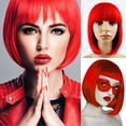 thumbnail image 3 of Peluca Bob roja con flequillo Pelucas Bob cortas de fibra sintética de 12 pulgadas para mujeres Pelucas Bob cortas y peluca Bob de Cosplay de Halloween con una gorra (rojo), 3 of 5