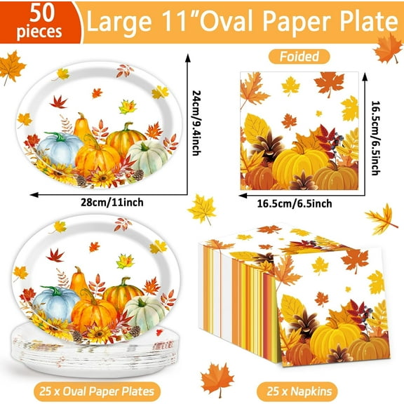 YUYAN-Thanksgiving Fall Party Oval Paper Plates 11inch Large Watercolor Maple Leaves Plates and Napkins, Pumpkin Party Decoration Favor Dish Tray for Autumn Holiday Gathering Supplies Tableware, 25 G