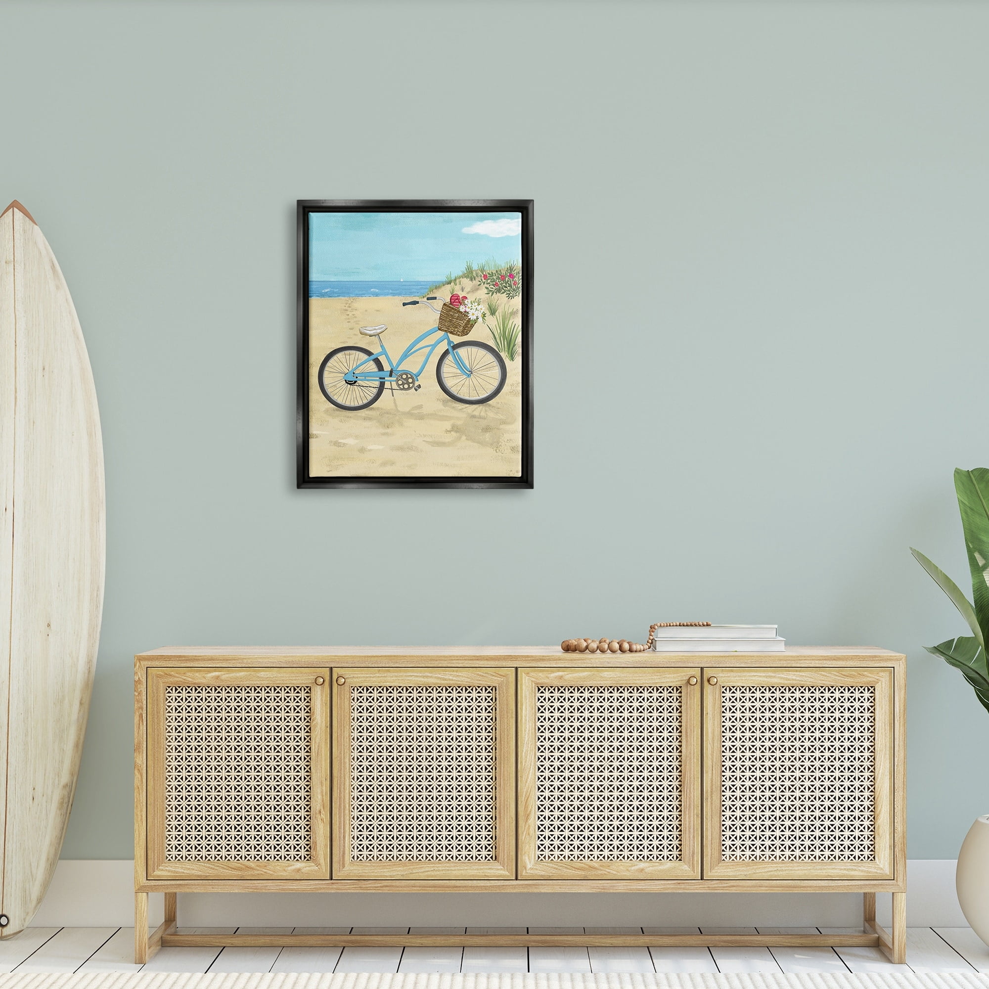 Stupell Industries Blue Bicycle Flower Blossom Basket Beach Sand Painting Jet Black Floating Framed Canvas Print Wall Art, Design by Sharon Lee
