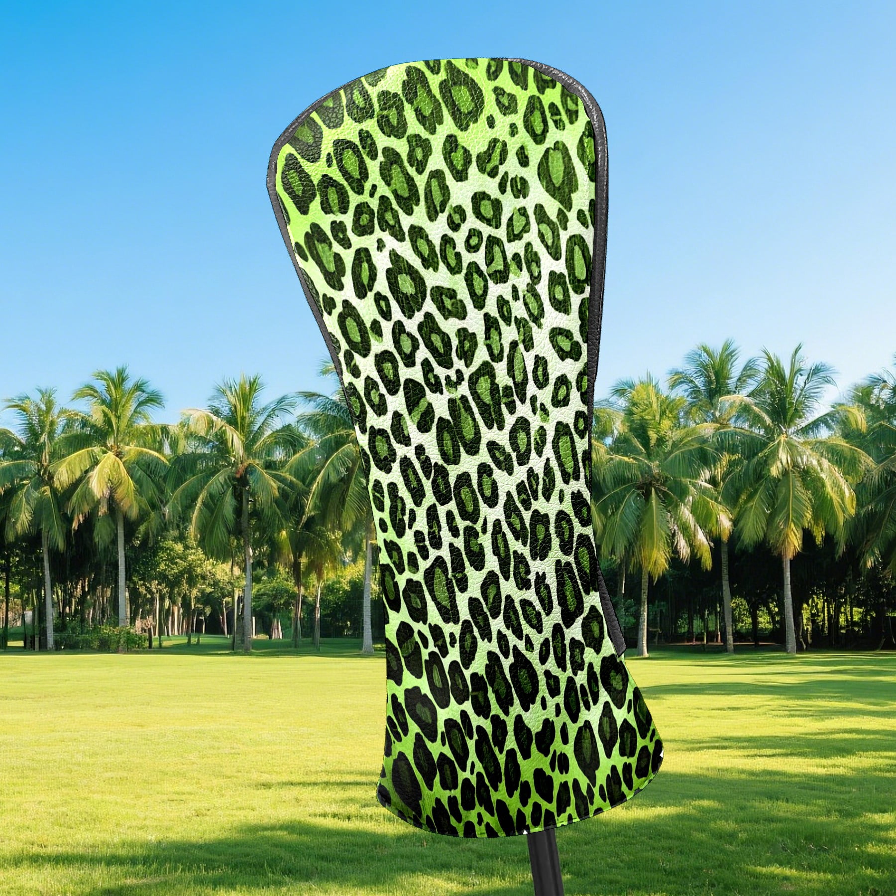 Golf Club Covers, Green Leopard Print Premium PU Leather Driver Hybrid Putter Head Covers with Velvet Lining, Waterproof Golf Gifts for Men Women