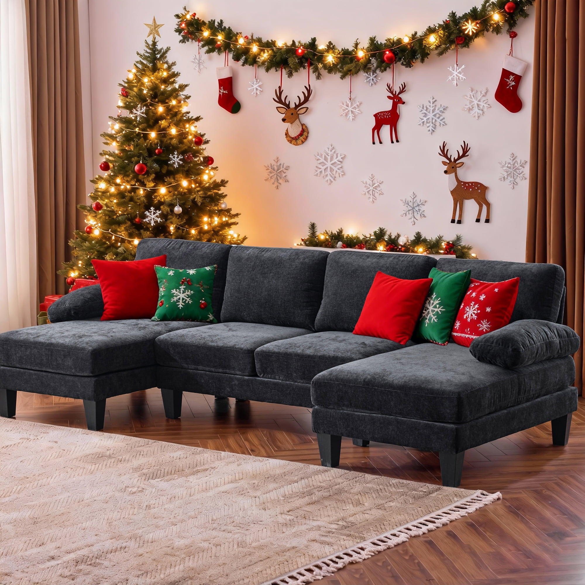 Ktaxon U-Shaped Sectional Sofa, 111"  Chenille Couch, 4 Seat Lounge Sleeper with Double Chaise for Living Room Black