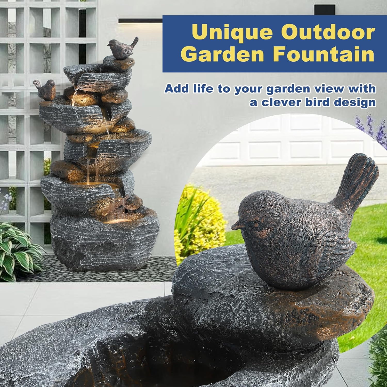 5-Tiers Cascading Rock Outdoor Water Fountain, Garden Freestanding Birds Waterfall Fountains Outdoor with LED Lights Birds Decor, Stacked Stone Outdoor Fountains for Garden Patio Porch, 26" H