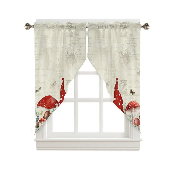 Swag Curtains, Spring Mushroom Gnome Plant Flowers Floral Beige Retro Rod Pocket Kitchen Curtains Valances Tier Curtains Swag Valance Curtains for Bedroom Living Room 28" x 36", 2 Panels
