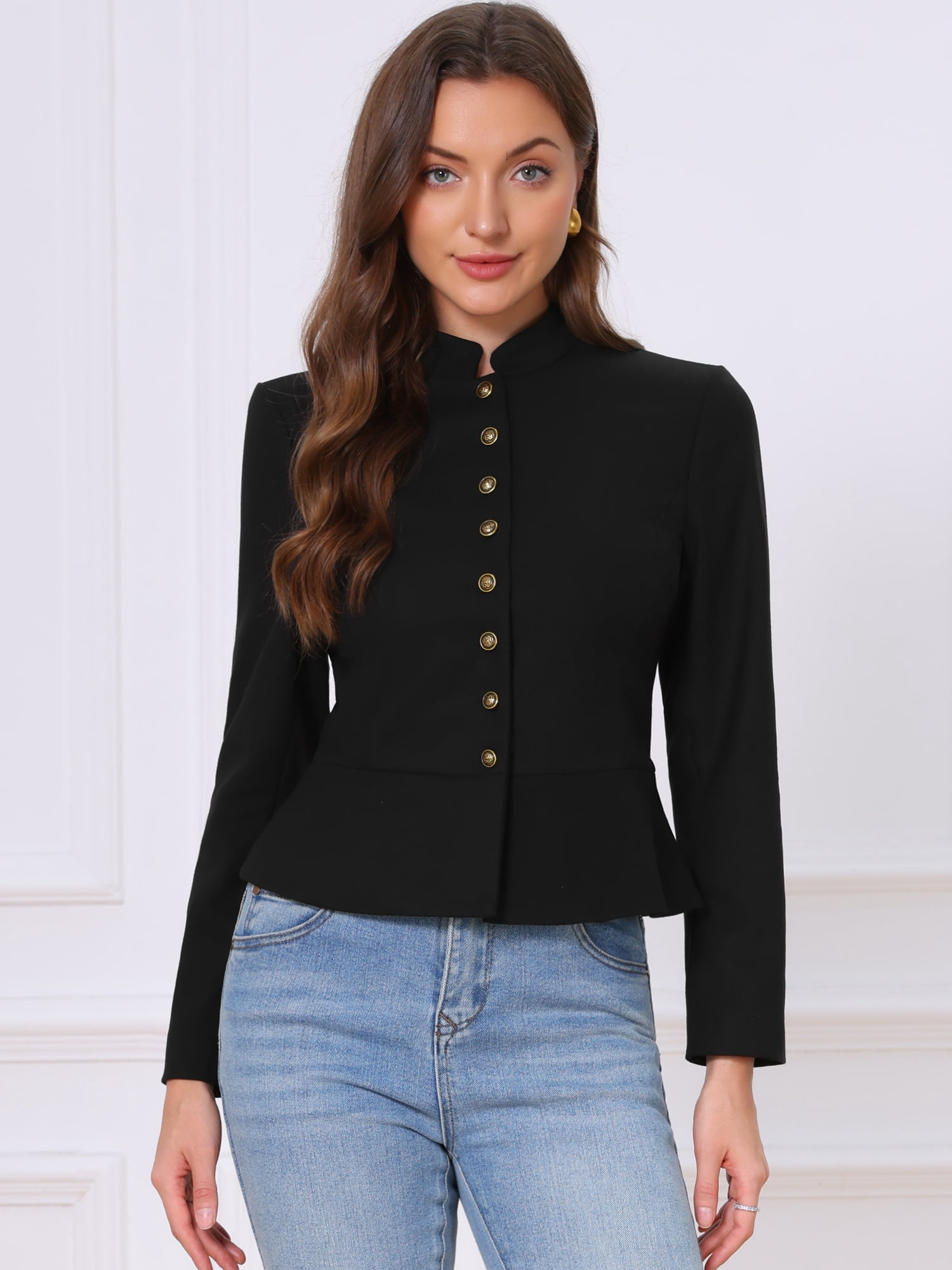 DARING DIVA Women's Blazer Classic Button Stand Collar Blazer S Black