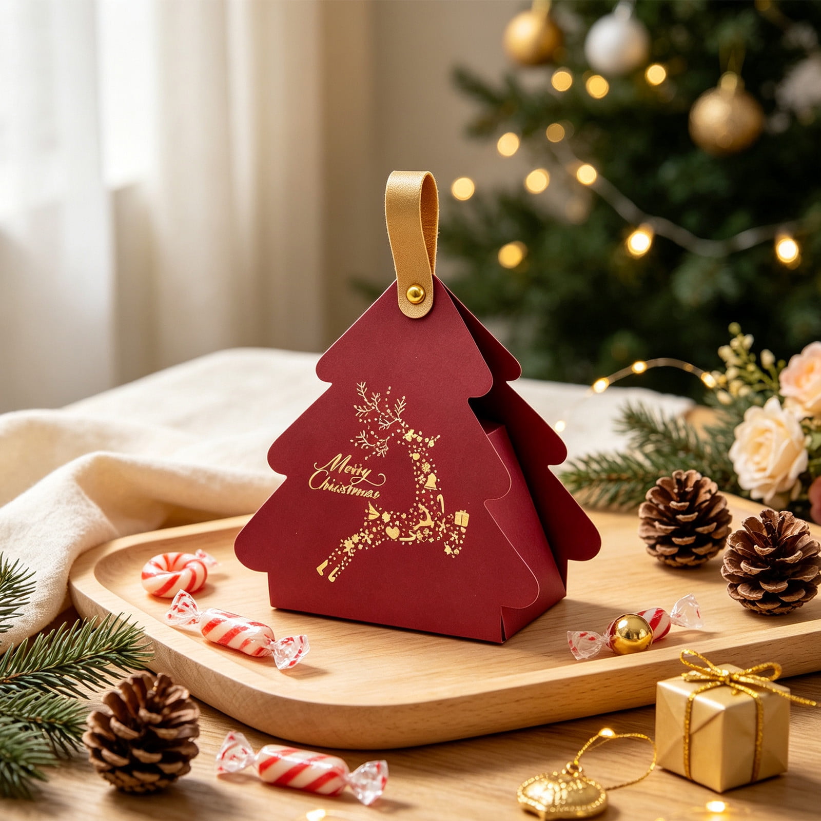 Festive Foldable Christmas Tree Shaped Cardboard Gift Box with Gold Hot Stamping Red Candy Packaging Pouch with Faux Leather Handle Xmas Party Favor Present Bag