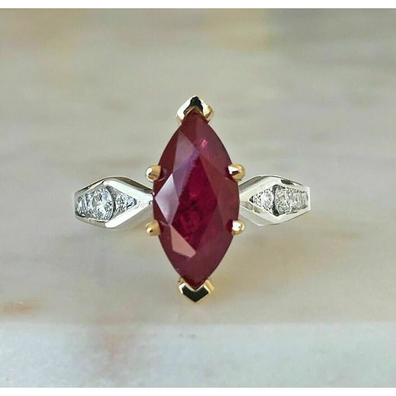 Divine_creation 2Ct Marquise Cut Red Ruby Wedding Engagement 14K Yellow Gold Plated 925 Sterling Silver For Women's -6.5