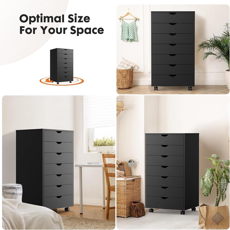 TINKLE WELL 7 Drawer Wooden Rolling File Cabinet, Mobile Compact Storage Dresser for Home Office Organization, Black