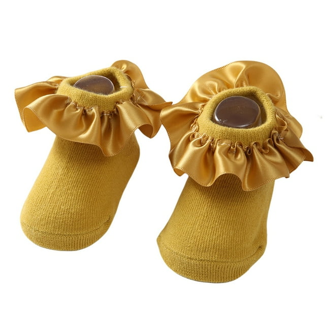 Infant Baby Girl Knit Socks Cotton Breathable Satin Ruffle Princess Socks Children Ankle Short Socks Indoor Floor Socks Yellow L