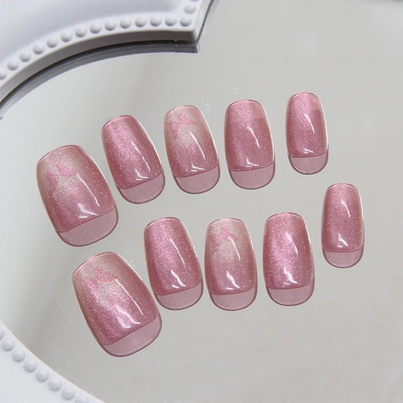 Press on Nails Short Coffin Fake Nails Glossy Glue on Nails Pink Cat Eye Acrylic Nails Ballerina Sparkly Butterfly Artificial Nails Bling Glitter Stick on False Nails with Design 24 pcs 04202Pink
