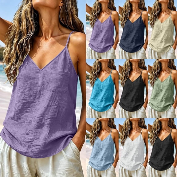 Jsaierl Women's V Neck Spaghetti Strap Linen Cami Top, Pocket Detail Crinkled Lightweight Camisole, Beach Vacation Casual Layering Vest