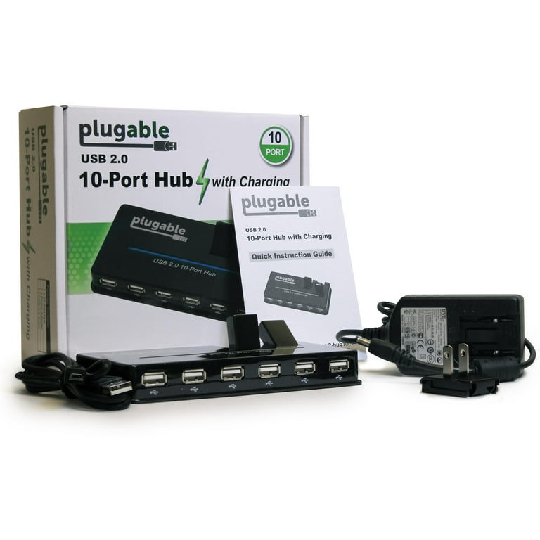 Plugable USB Hub, 10 Port - USB 2.0 with 20W Power Adapter and Two Flip-Up  Ports 