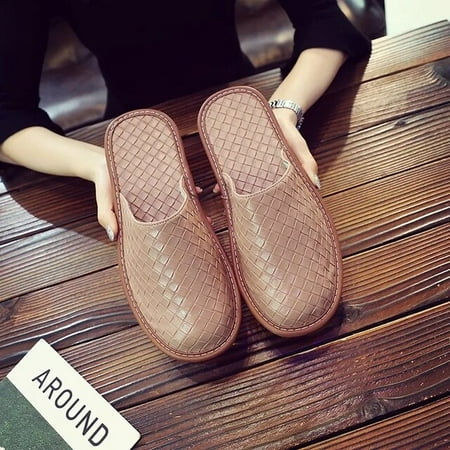 

QWZNDZGR 2022 Spring Braided Leather Slippers Men Indoor Home Shoes Unisex Room Slippers Male Fur Slides New Mules Slipper Big Size 45 46