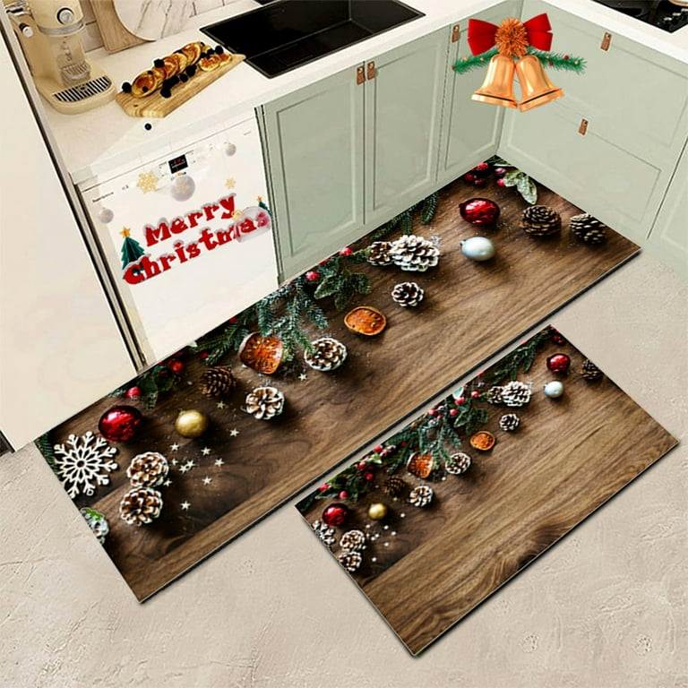 FAHXNVB Christmas Kitchen Rugs and Mats Set of 2, Non Slip Winter Holiday Kitchen Rug Christmas Decorations for Home Seasonal Low-Profile Kitchen Floor Mat