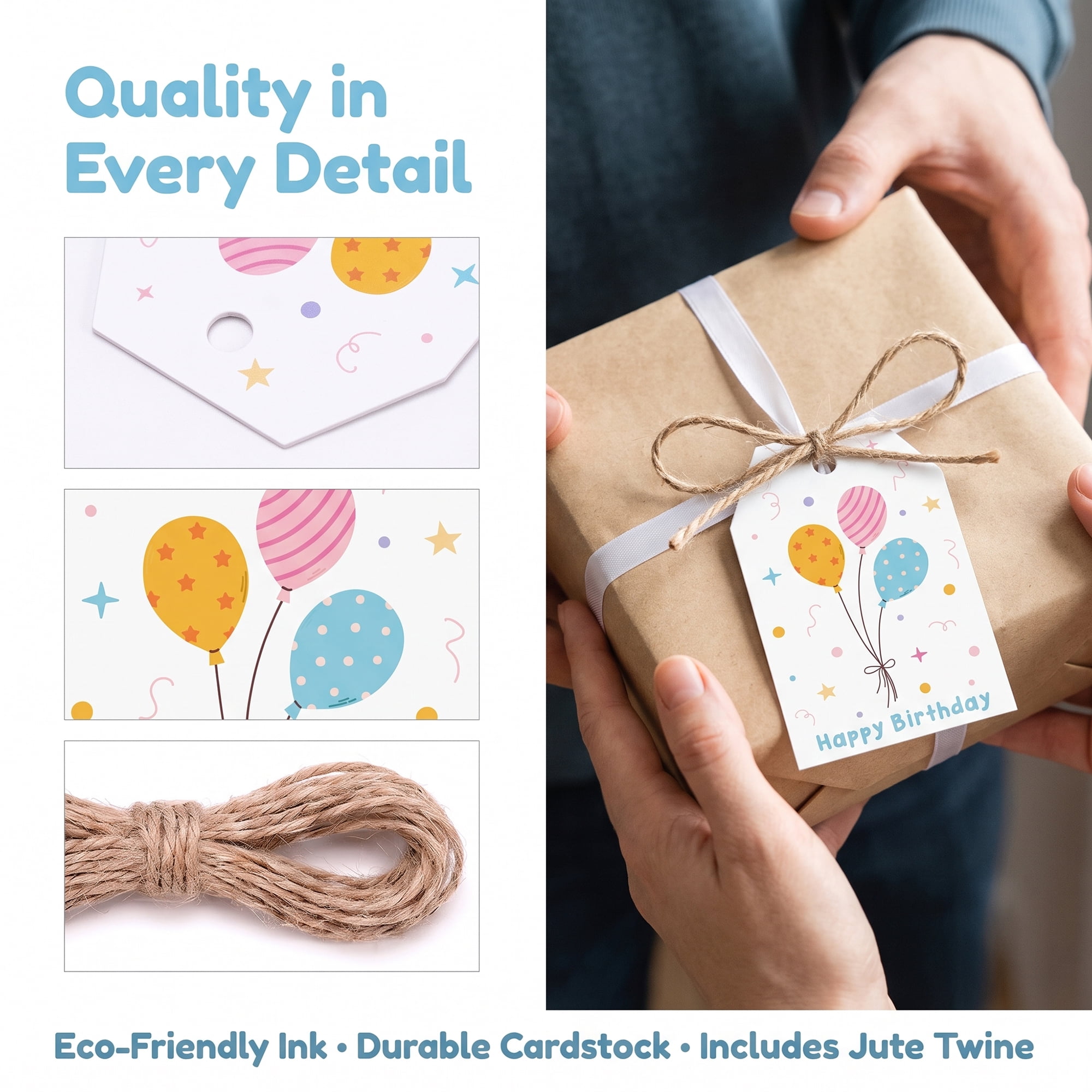 Unique Bargains 100Pcs Elegant Birthday Gift Tags with Twine Balloon Pattern 2" x 3.1"