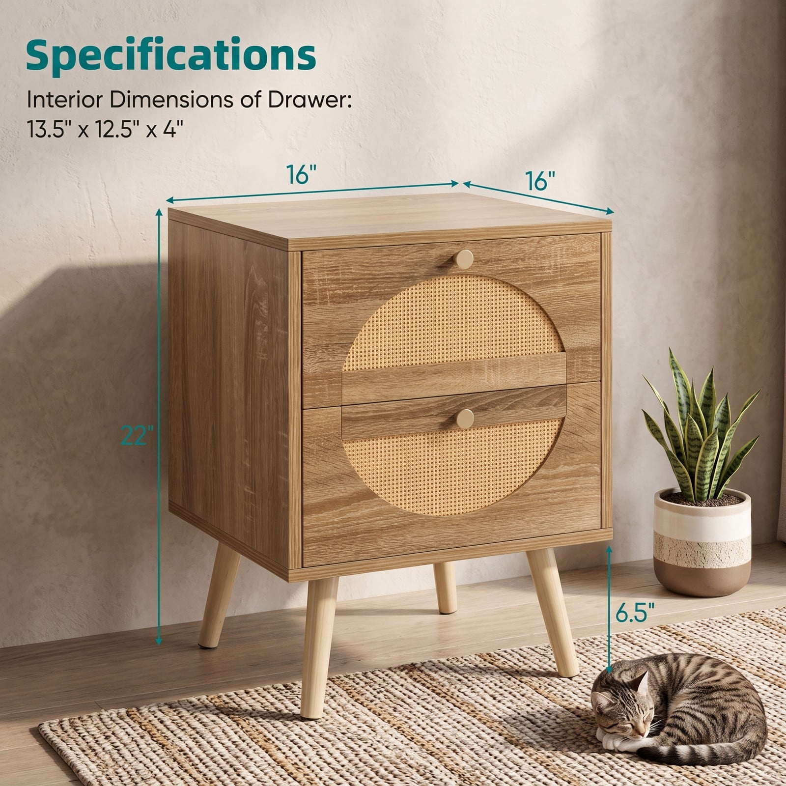 Furnibear Set of 2 Rattan Nightstands with 2 Drawers and Raised Solid Wood Legs for Bedroom Living Room and Guest Room, Natural