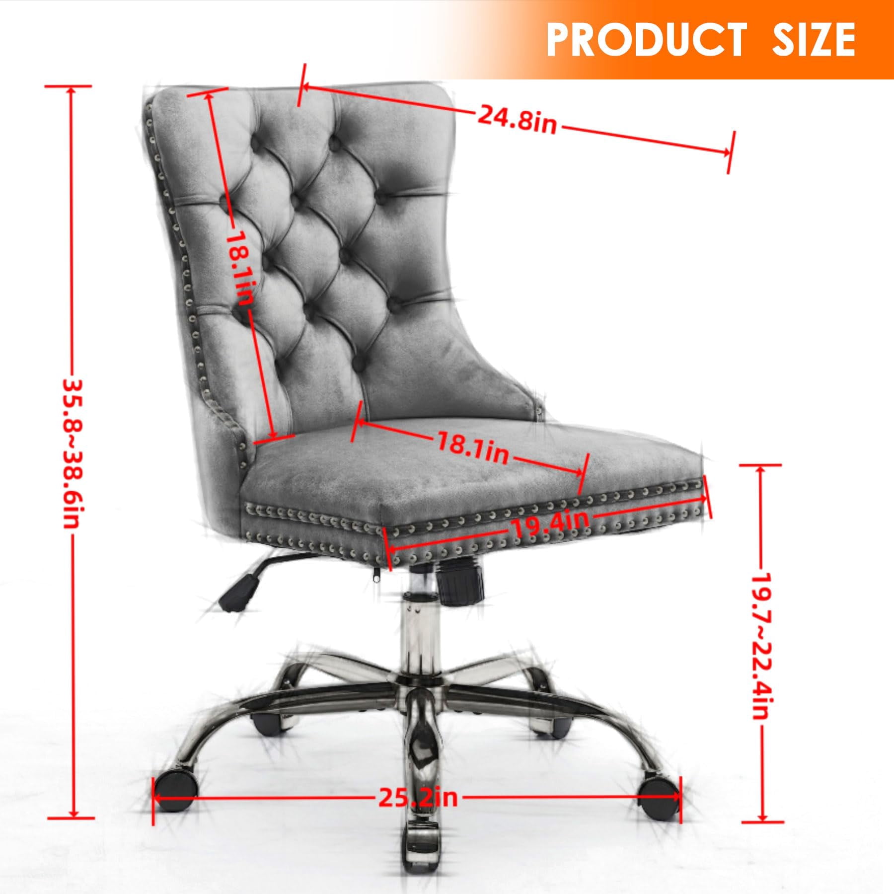 Pawverly Velvet Upholstered Office Chair, Tufted Button Swivel Desk Chair with Adjustable Height, Gold Metal Base & Wheels, Modern Vanity Chair, Gray