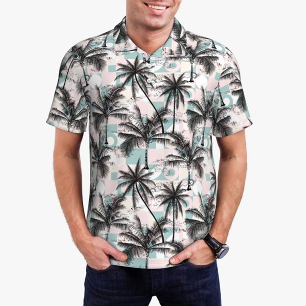 Fotbe Hawaii Palms Camiseta Polo de Golf para Hombre con Estampado – Camisa Deportiva Transpirable con Cuello Abotonado-3X-Large