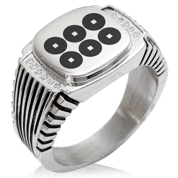 Stainless Steel Sanada Samurai Crest CZ Ribbed Needle Stripe Pattern Biker Style Polished Ring
