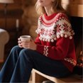 thumbnail image 4 of Christmas Winter Cold Season Sweater for Women Snowflake Pom-Poms Crewneck Holiday Knitted Sweater Fashion Clothes for Travel, 4 of 5