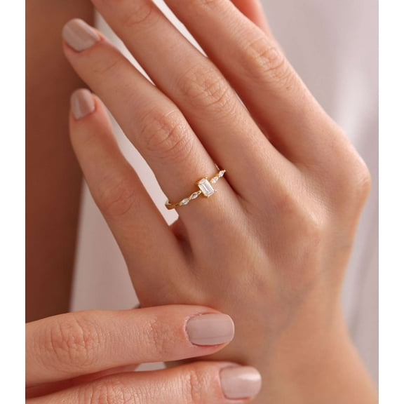 vylahjewellery Personalized 1.50 Ct Emerald Cut Moissanite Diamond Ring Comfort Fit Plated White Gold Engagement Ring