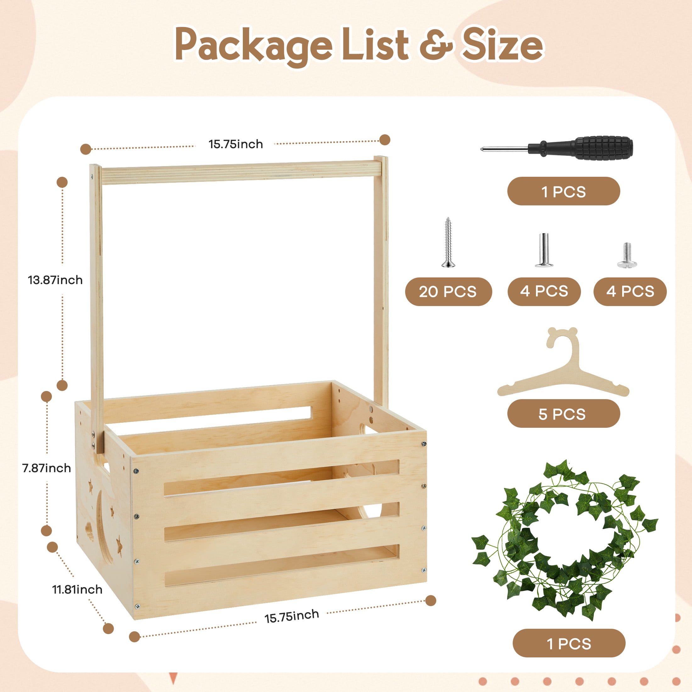 Onekawa Baby Shower Crate Closet with Handle, Basket with Hanger and Garland, Personalized Wooden Baby Box with Handle, Storage Basket for Newborn Essentials,Pregnancy Gift for New Parents