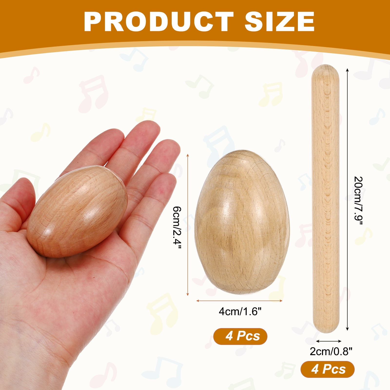 Uxcell 4 Pcs Wood Egg Shaker Wood Musical Eggs with 2 Pairs Drum Sticks Hand Percussion Shaker Wooden Hand Percussion Instrument for DIY Painting Music Learning Party (Wood Color)