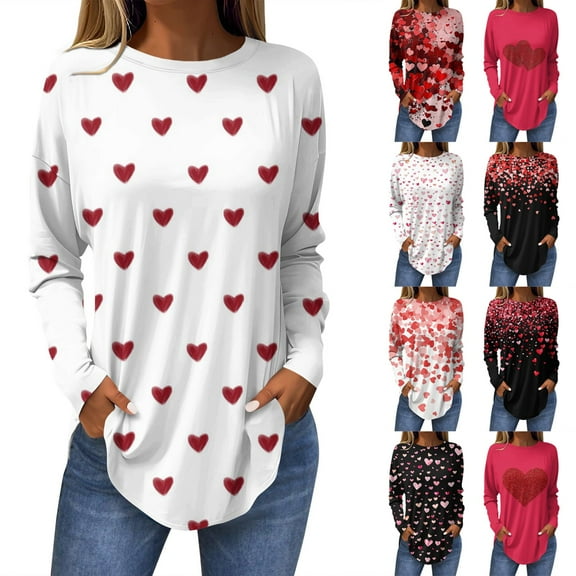 Resicozy Valentines Shirts for Women Long Sleeve Shirts Trendy 2026 Cute Love Heart Print Crewneck Tops Plus Size Casual Blouses Watermelon Red L