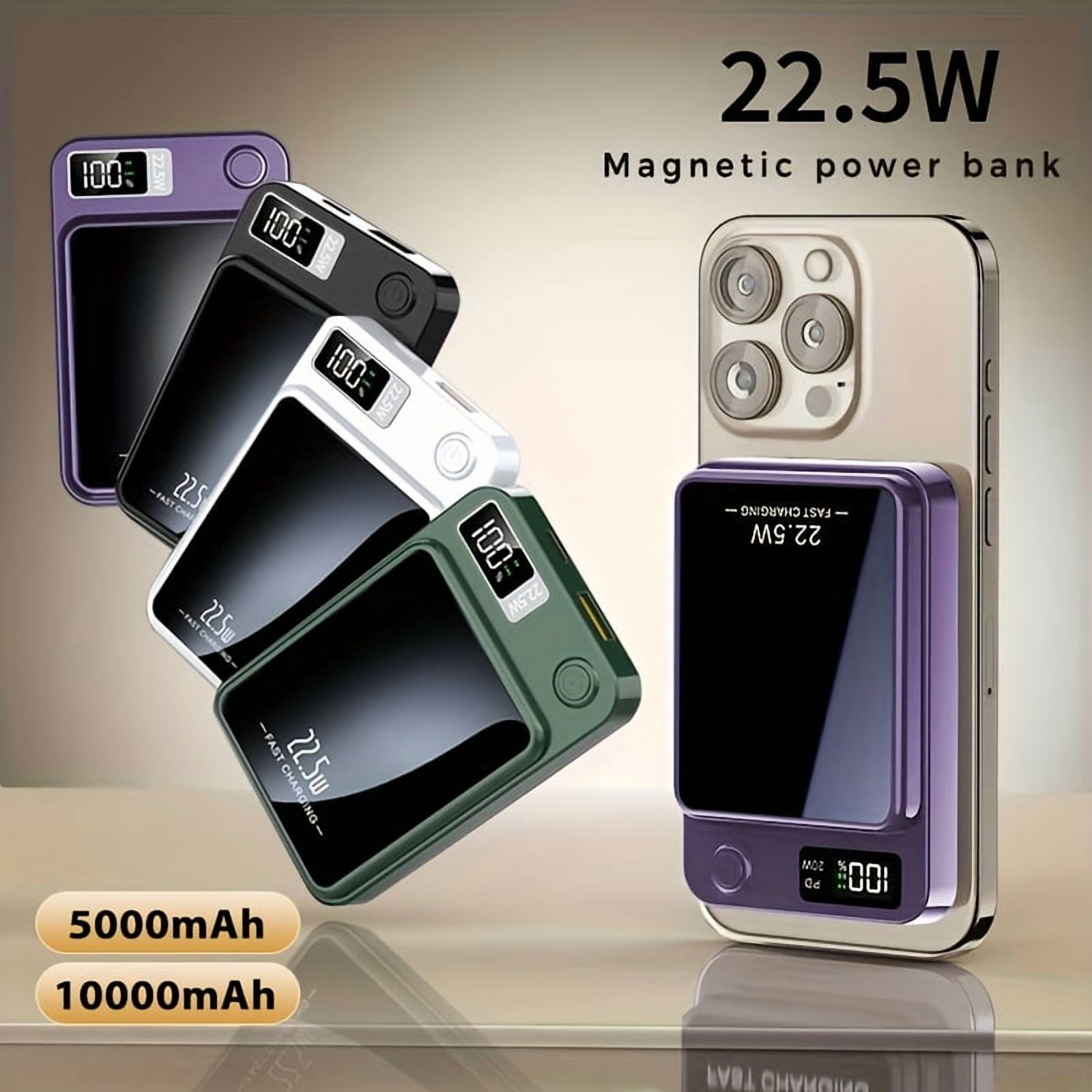 General Magnetic Wireless Charging Power Bank, 10000/5000mAh Portable Wireless Charger, 22.5W/PD20W Fast Charging Battery Pack, with LED Power Display, 2 Outputs And Dual Input External Battery Pack