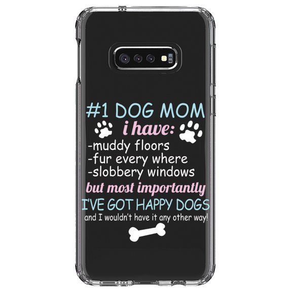 DistinctInk Clear Shockproof Hybrid Case for Samsung Galaxy S10e (5.8" Screen) - TPU Bumper Acrylic Back Tempered Glass Screen Protector - #1 Dog Mom - I've Got Happy Dogs