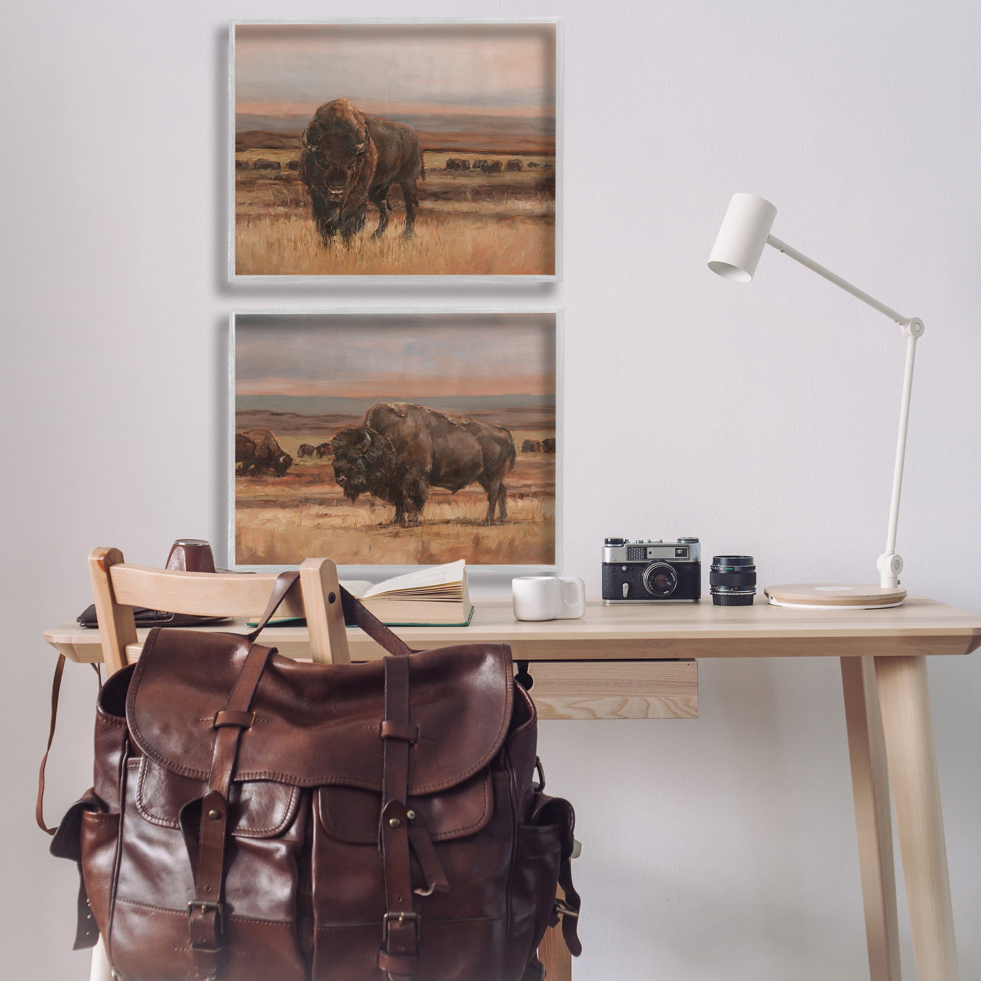 Stupell Industries Scattered Bison & Farmland Animals & Insects Painting Gray Framed Art Print Wall Art, 30 x 24, Set of 2