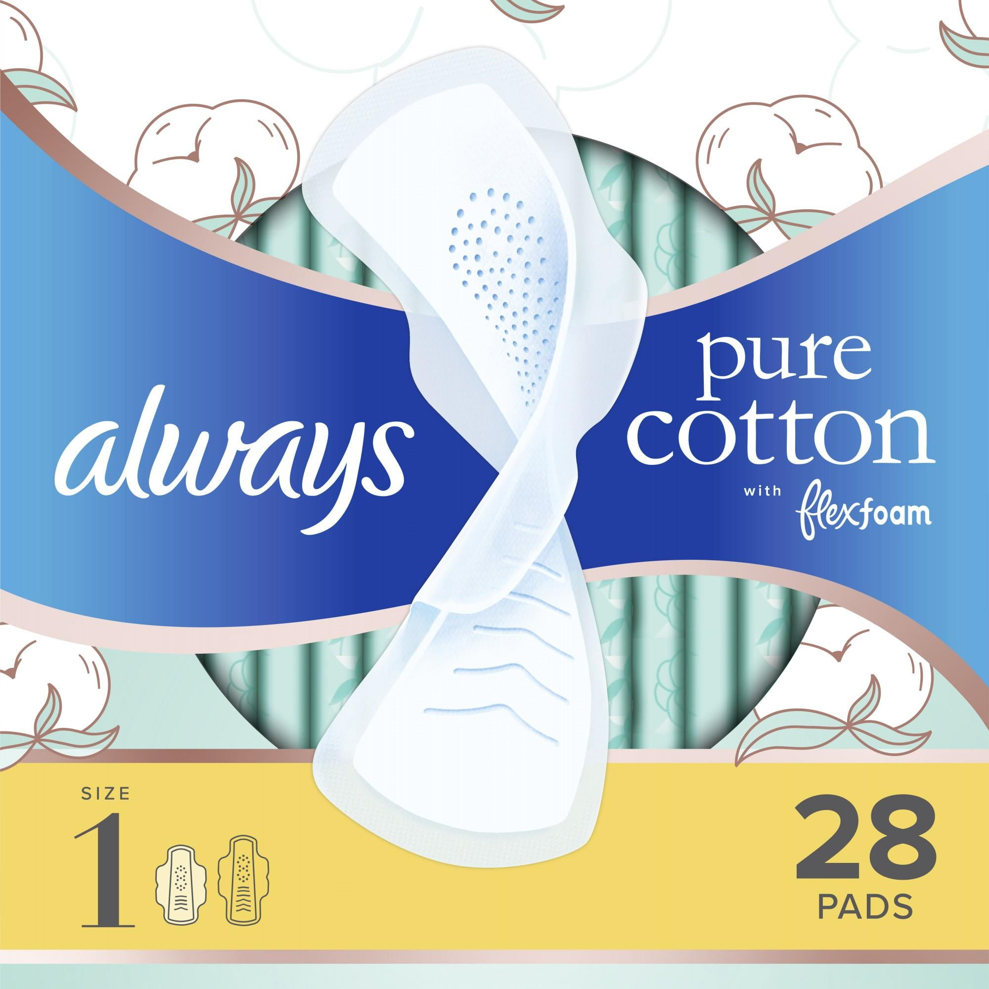 Always Pure Cotton with FlexFoam Pads Regular Absorbency Size 1, 28