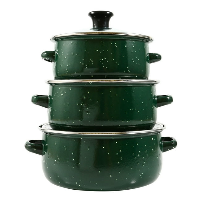 3Pcs Kitchen Enamel Stockpot With Lid Retro Stew Bean Cooking Pot Vintage Soup Pot With Handles For Induction Cookers Gas Stove Green