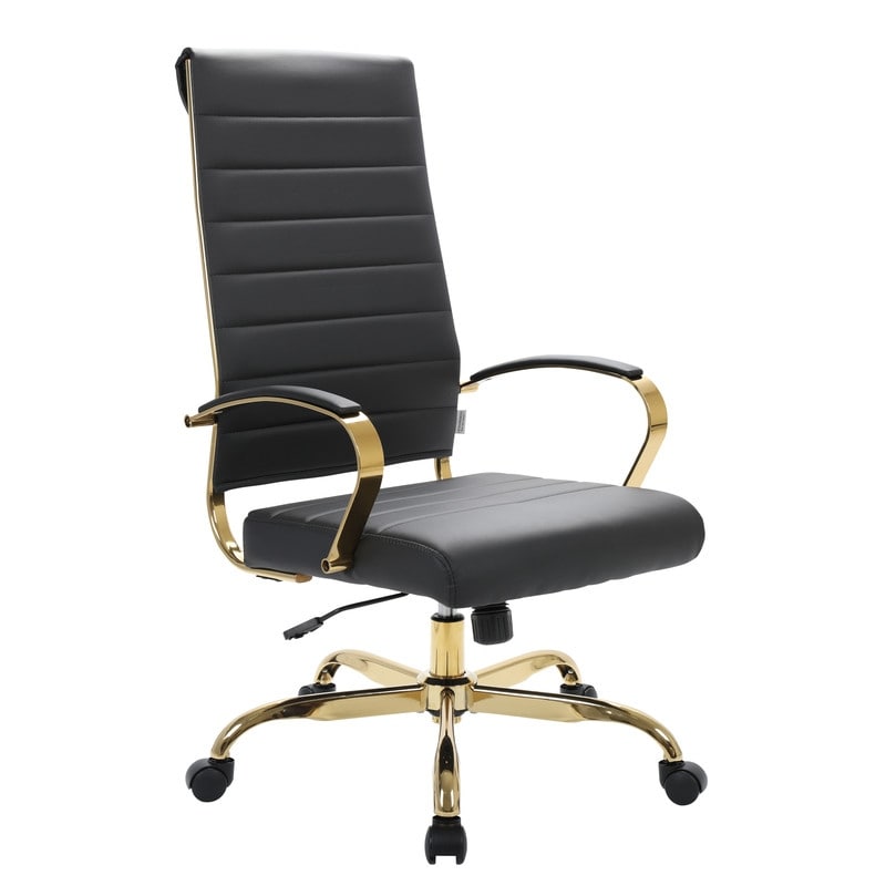 Benmar High-Back Black Leather Office Desk Chair Ergonomic Executive Chair with Adjustable Swivel, Gold Frame with Cushion Support & Silent Wheels for Home Office Workstations