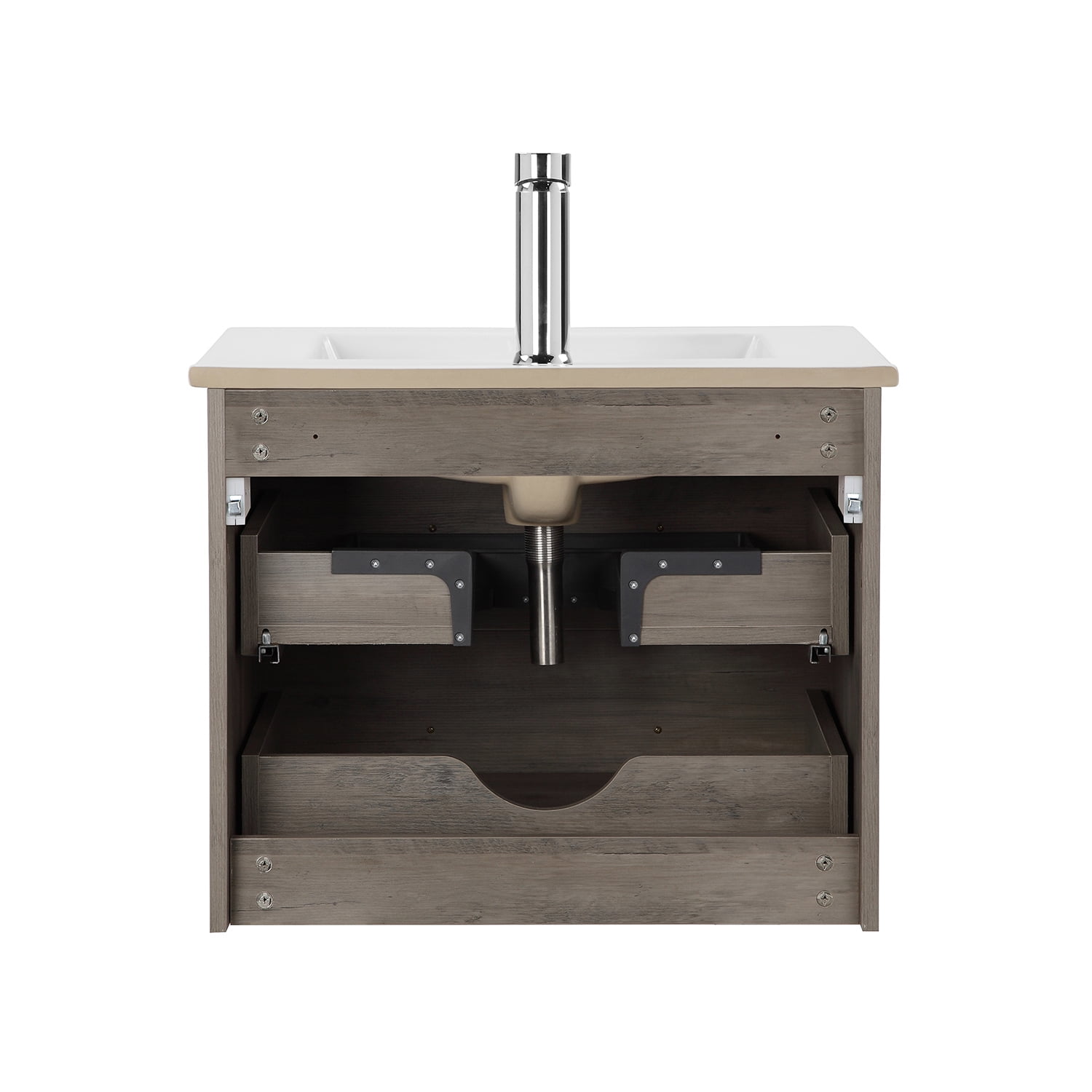 Demi Bonn 24" Wood Grain Wall-Mounted Bathroom Vanity with Ceramic Sink and 2 Soft-Close Drawers, Faucets and Drains Not Included, Gray