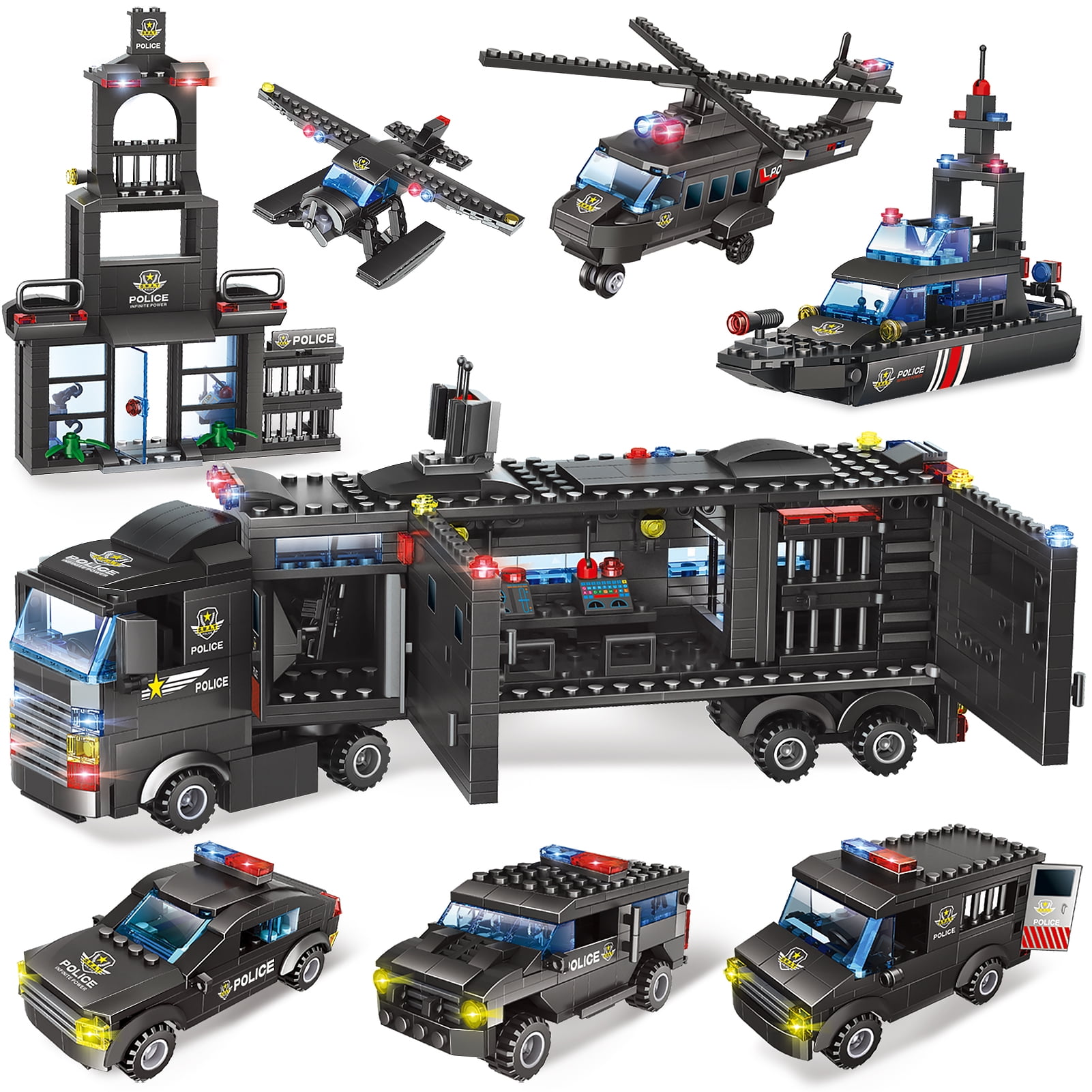 792 pcs Police Building Blocks Toy Set 8-in-1 Robot Truck Aircraft Car Boat Army 