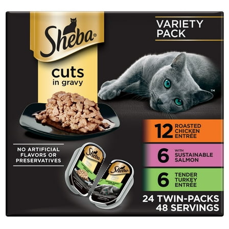 Sheba Perfect Portions Variety Pack Cuts in Gravy Cat Food, 2.6 oz Twin-Pack Trays (24 Count)