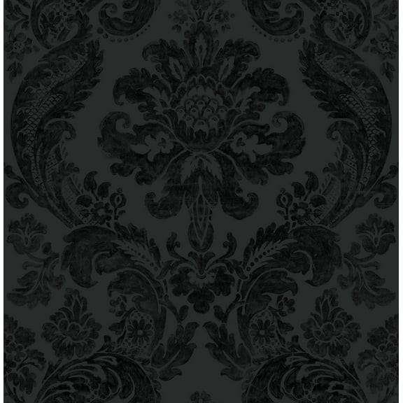A-Street Prints Shadow Black Flocked Damask Wallpaper