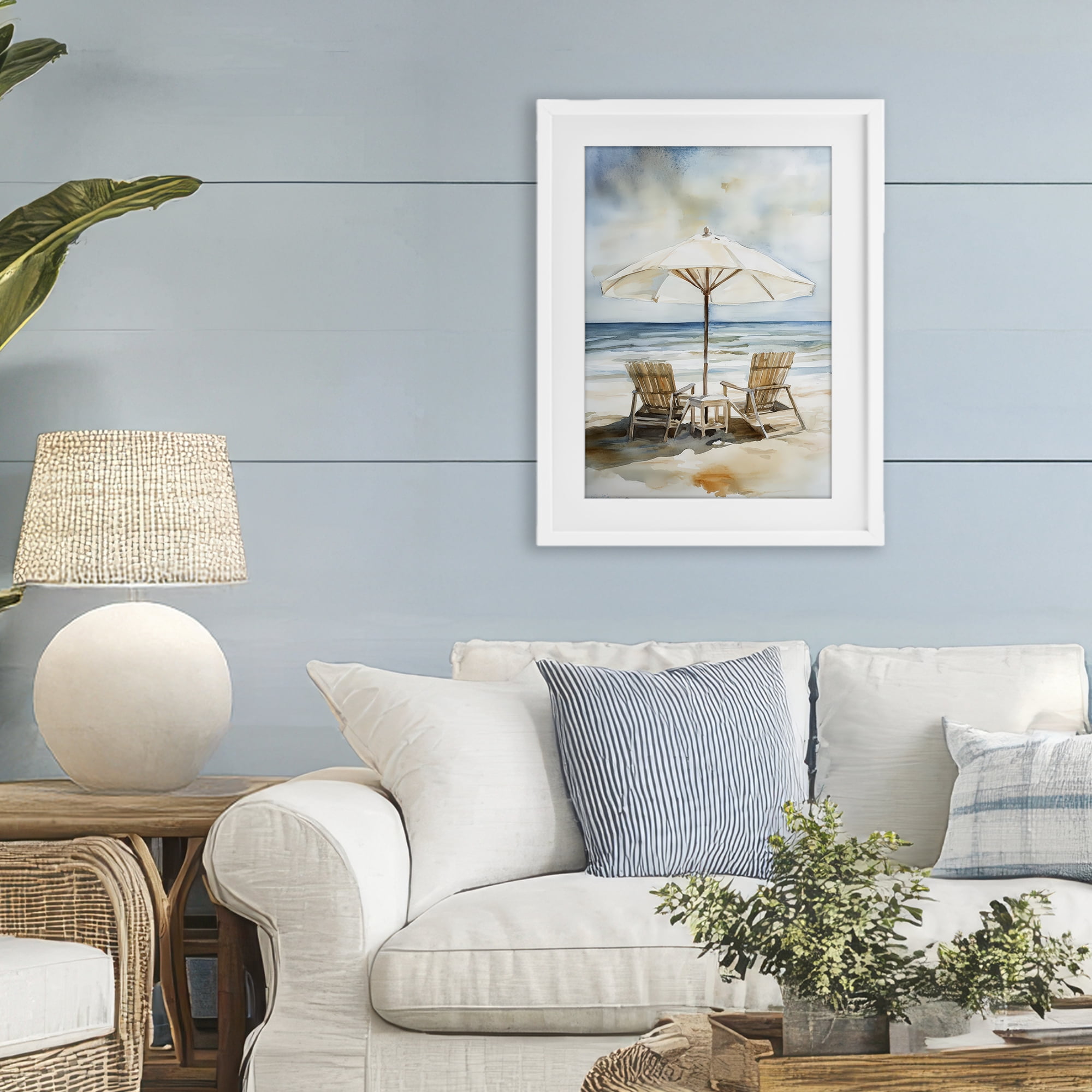 Stupell Industries Watercolor Paradise Beach Scene White Framed Print Under Glass, design by Petal Prints Design