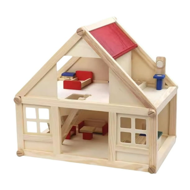 Casa de muñecas de madera para niños, juguete educativo para la primera infancia, casa de juegos en miniatura de 2 pisos para niños pequeños