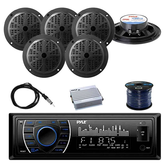 PYLE PLRMR27BTB Marine Bluetooth Receiver Stereo(Black) w/Pyle 100W 5.25'' 2-Way Marine Speakers(3-Pairs), Enrock Marine Antenna, Pyle 4-Channel Marine Amplifier & Enrock Marine 50' 16G Speaker Wire