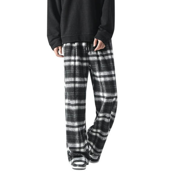 BOOMNY Mens Baggy Pants Plaid Woolen Pants for Men Wide Leg Plus Size Loose Warm Fall Winter Trousers With Pocket